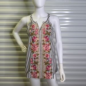 Andree Wm M Grey/White Striped Tank Embroidered Cottagecore Flowers 100% Cotton